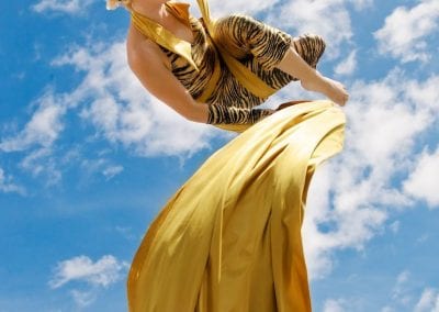 Performer in gold and animal print costume hangs from aerial silks against a blue sky with clouds.