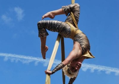 Performer in tiger-striped costume executes an aerial silk routine against a clear blue sky with visible contrails.