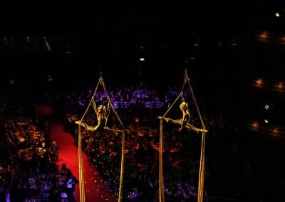 Aerial performers on fabric ropes above a stage with an audience seated at tables.